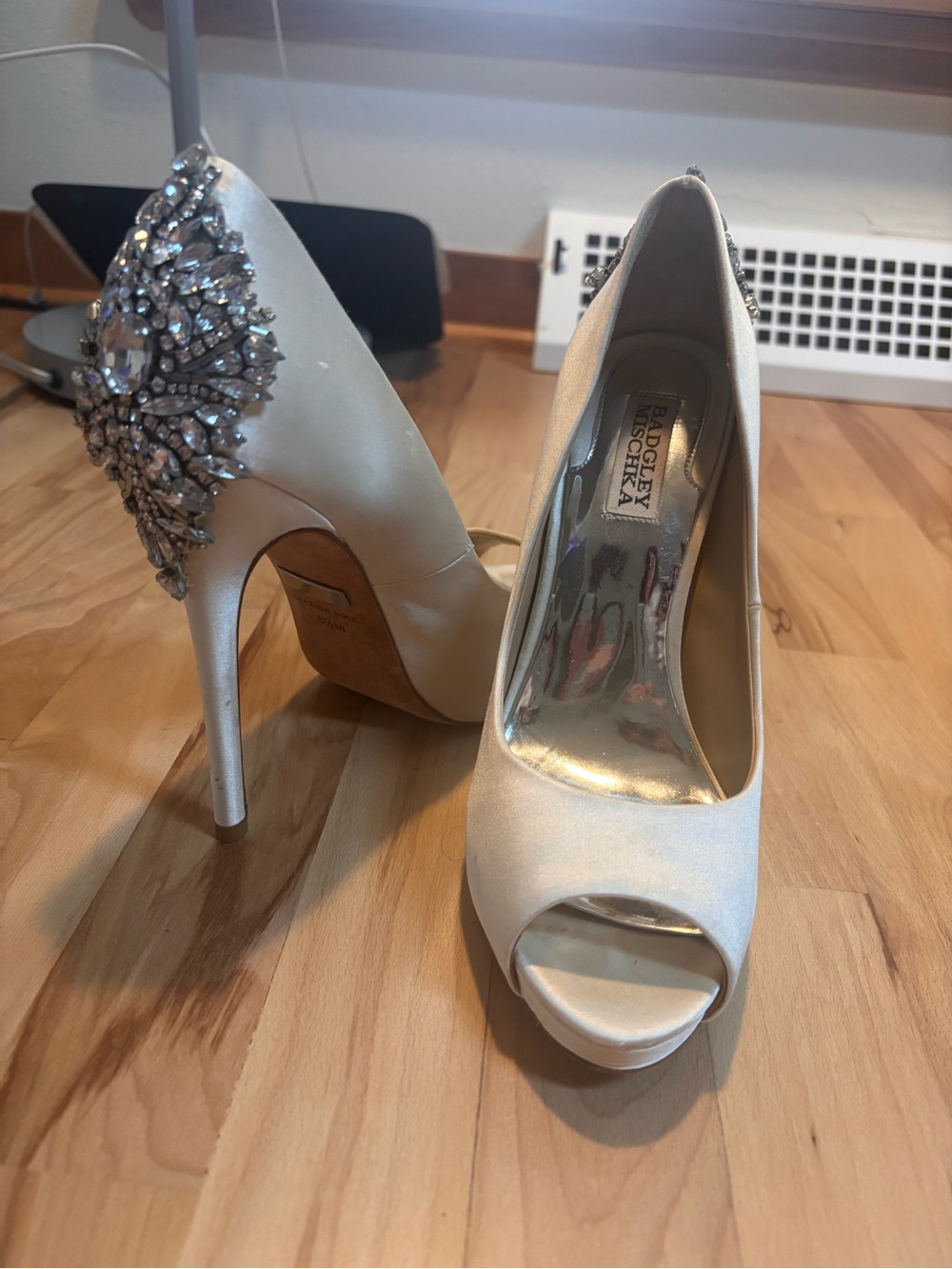 Badgley Mischka Ivory Satin Peep-Toe Heels with Crystal Embellished Heel